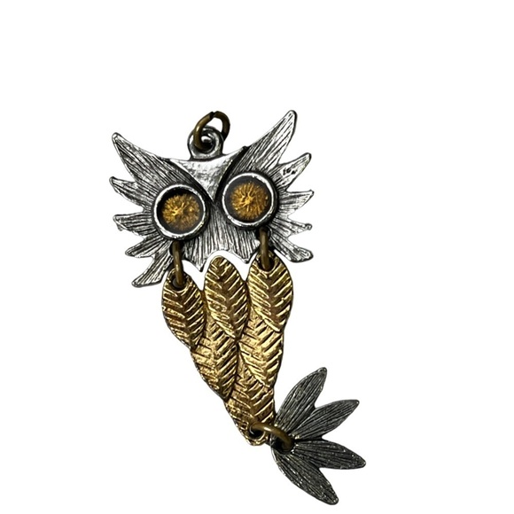 VINTAGE Owl Charm Necklace Pendent Silver Gold Dangle - Picture 1 of 5